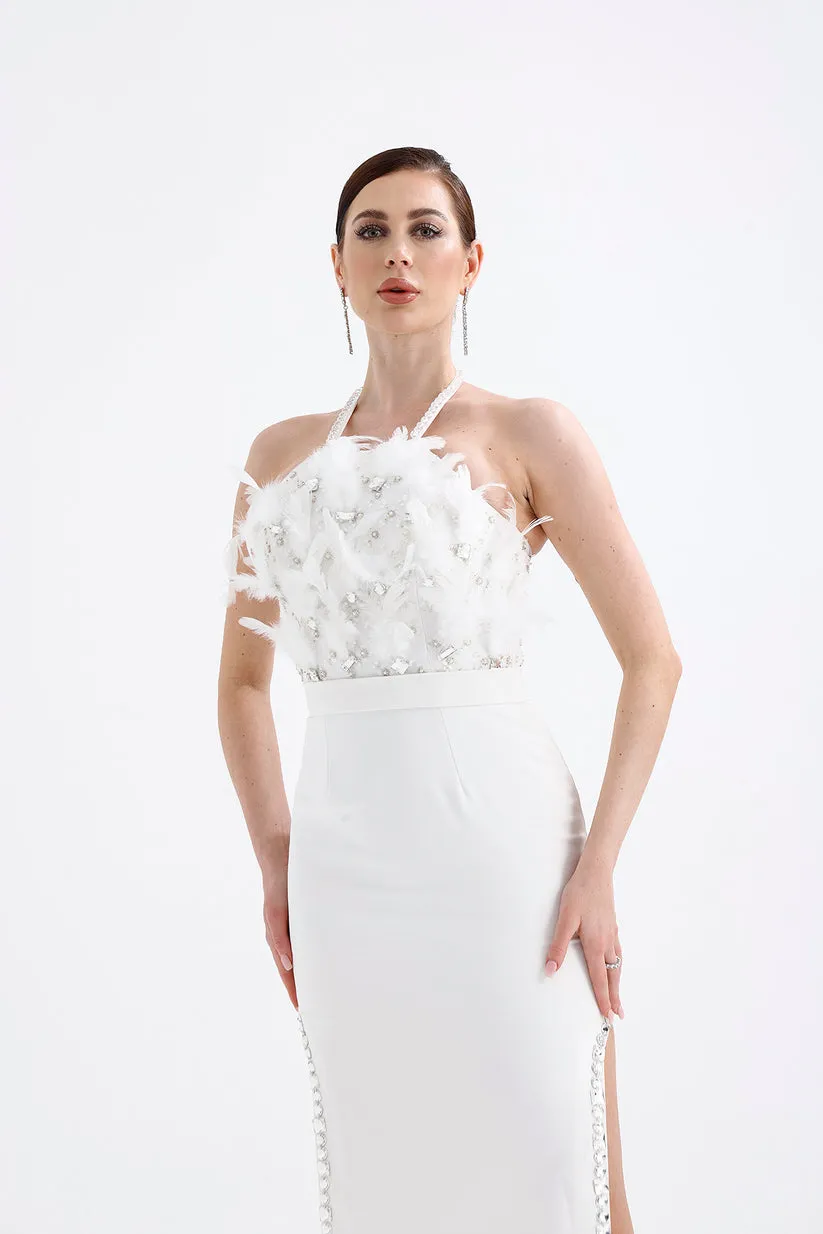 𝐀𝐏𝐑𝐈𝐋 Halter Neckline Embroidered Fabric Slit Stone Embroidered Evening Dress T56748