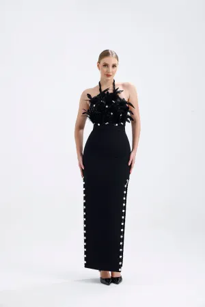 𝐀𝐏𝐑𝐈𝐋 Halter Neckline Embroidered Fabric Slit Stone Embroidered Evening Dress T56748