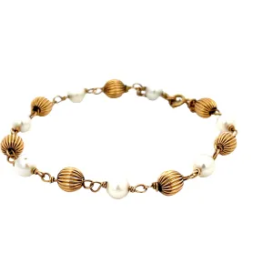 14K YELLOW GOLD 6MM PEARL AND GOLD BEAD VINTAGE BRACELET 5 GRAM 7"INCH