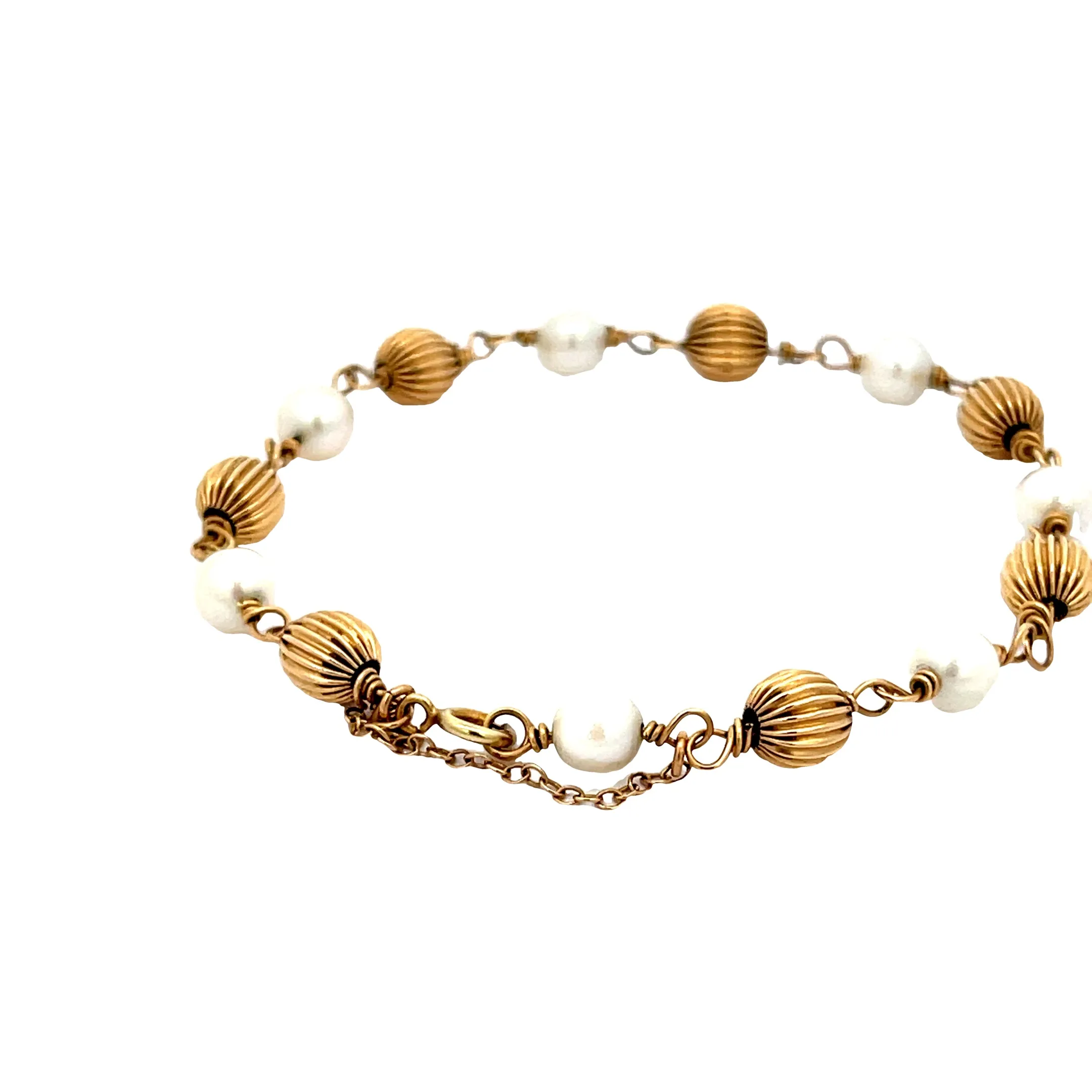 14K YELLOW GOLD 6MM PEARL AND GOLD BEAD VINTAGE BRACELET 5 GRAM 7"INCH