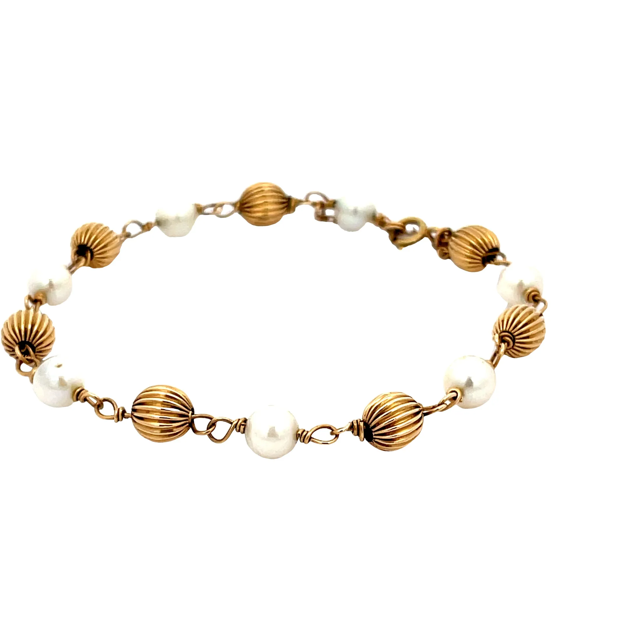 14K YELLOW GOLD 6MM PEARL AND GOLD BEAD VINTAGE BRACELET 5 GRAM 7"INCH