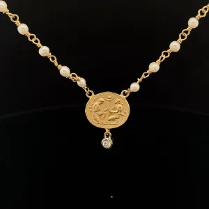14KY .10 CT GVS2 ROMAN COIN WITH PEARL NECKLACE