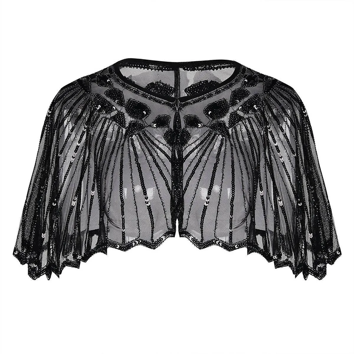 1920s Shawl Sequin Evening Cape Flapper Cover Up Black