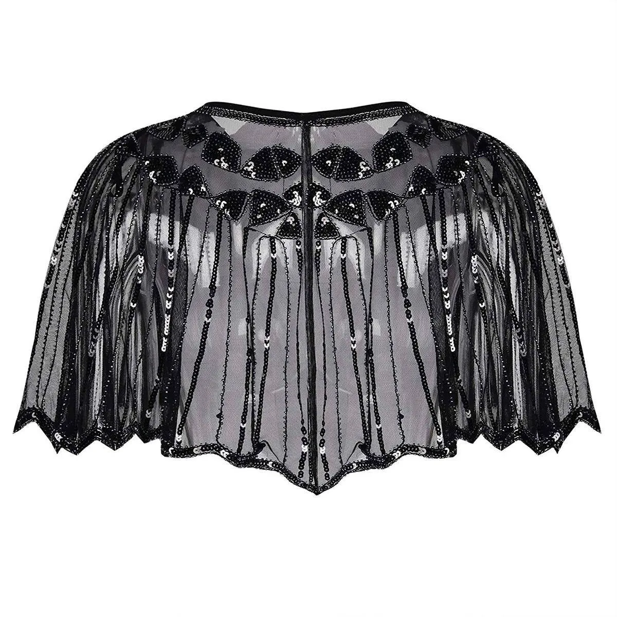 1920s Shawl Sequin Evening Cape Flapper Cover Up Black