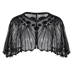 1920s Shawl Sequin Evening Cape Flapper Cover Up Black
