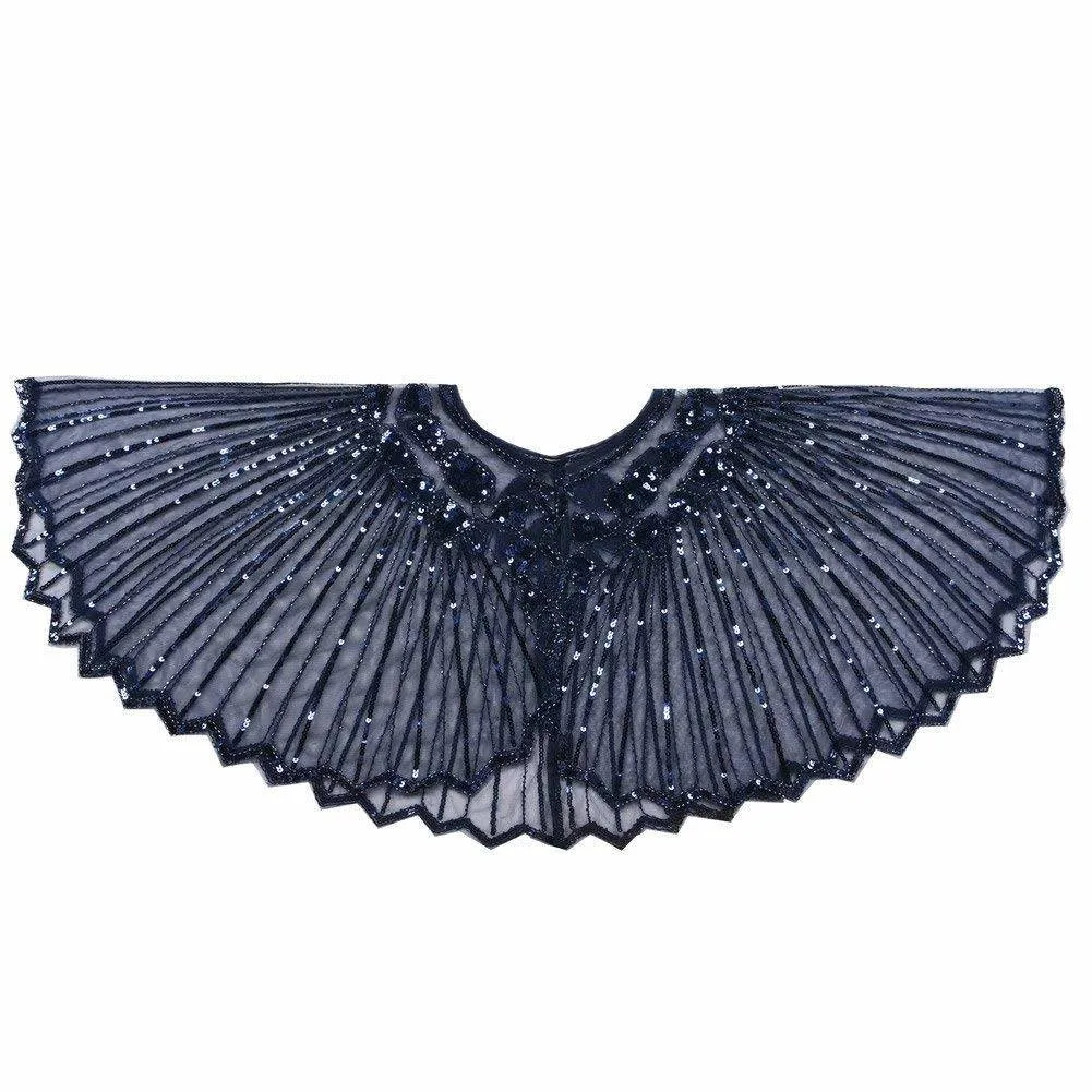 1920s Shawl Sequin Evening Cape Flapper Cover Up Blue