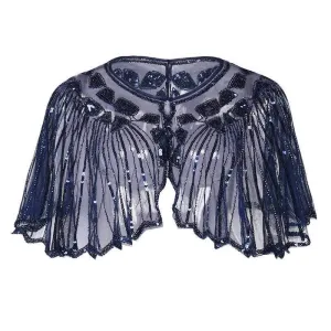 1920s Shawl Sequin Evening Cape Flapper Cover Up Blue