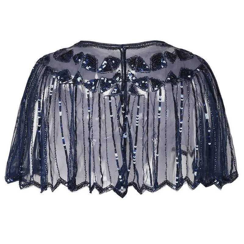 1920s Shawl Sequin Evening Cape Flapper Cover Up Blue