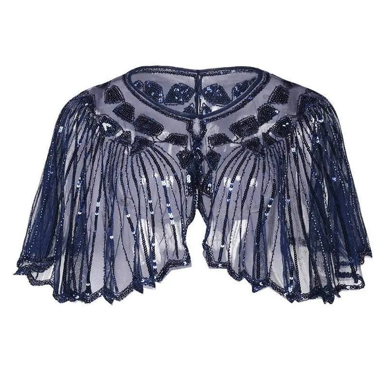 1920s Shawl Sequin Evening Cape Flapper Cover Up Blue