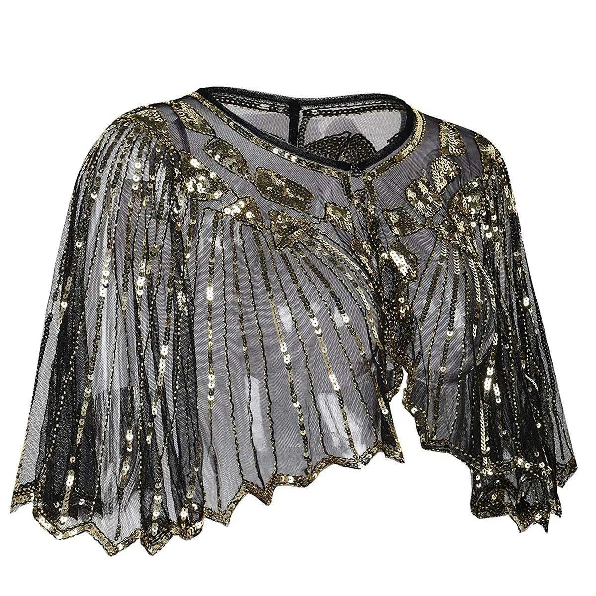 1920s Shawl Sequin Evening Cape Flapper Cover Up Golden