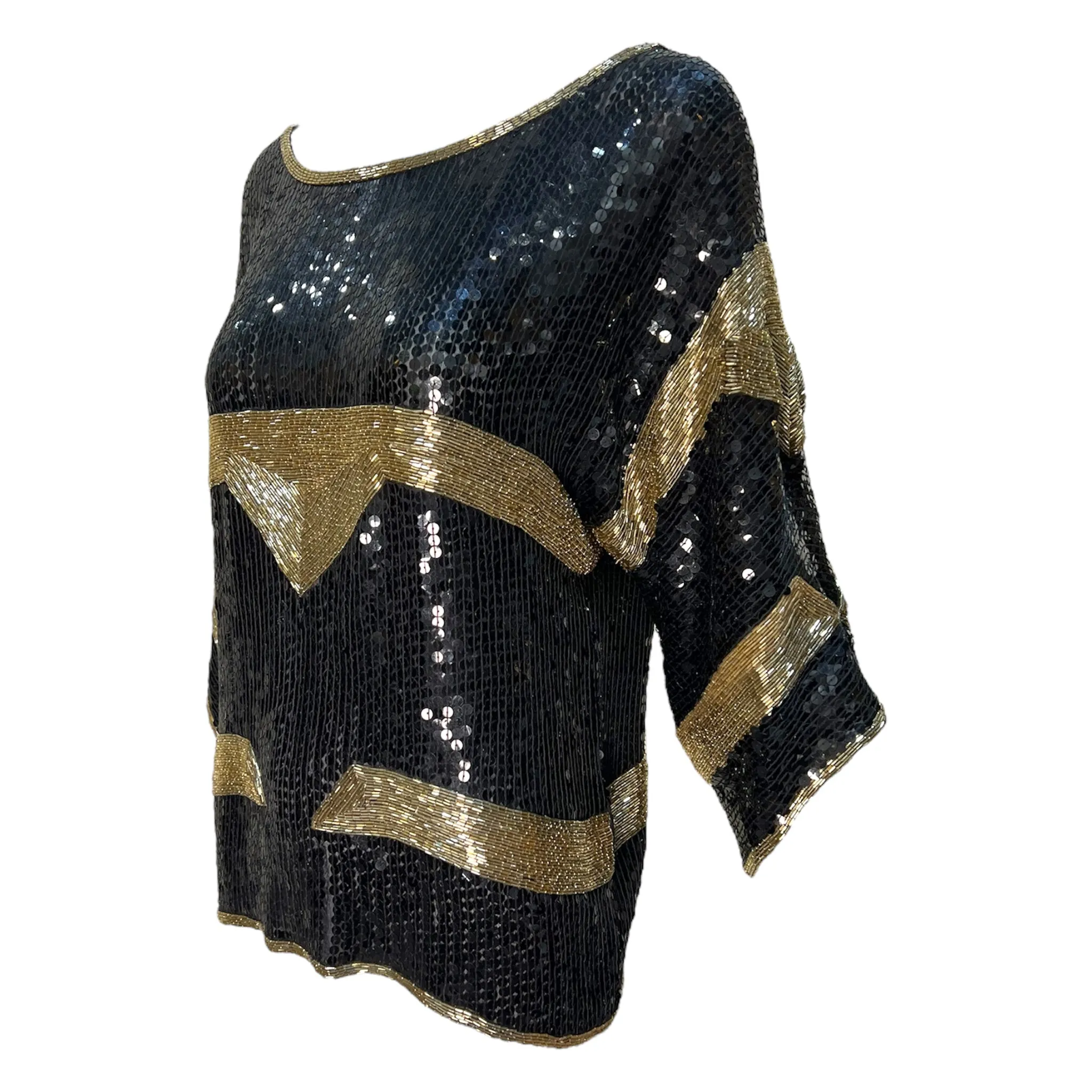 1980's Black and Gold Deco Beaded and Sequined Blouse