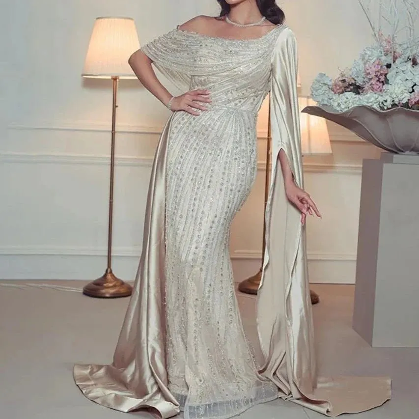 2024 Luxury Satin Beaded Mermaid Evening Dress Sleeveless with Cape
