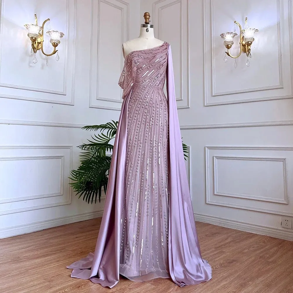 2024 Luxury Satin Beaded Mermaid Evening Dress Sleeveless with Cape