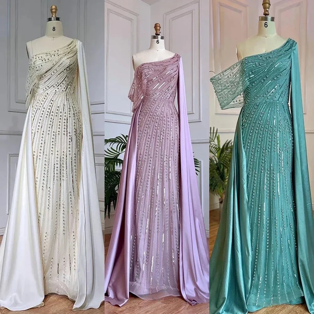 2024 Luxury Satin Beaded Mermaid Evening Dress Sleeveless with Cape