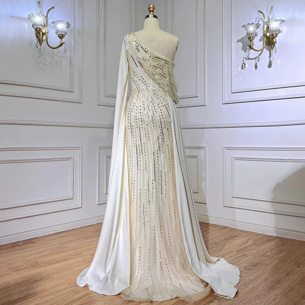 2024 Luxury Satin Beaded Mermaid Evening Dress Sleeveless with Cape