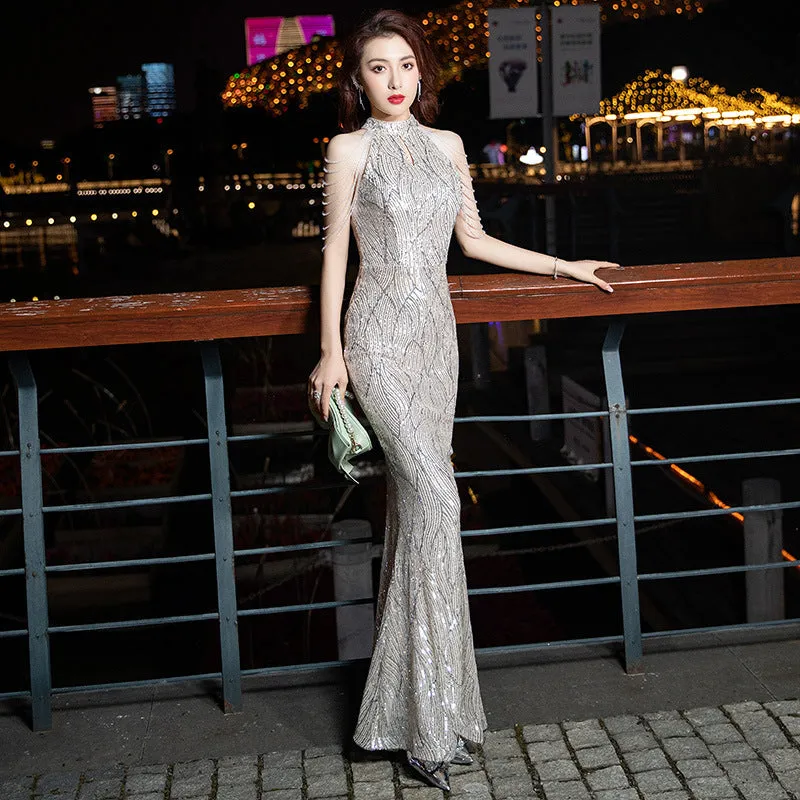 2025 Banquet evening dress  new sequined tassel elegant temperament sexy long dress celebrity neck fishtail evening dress