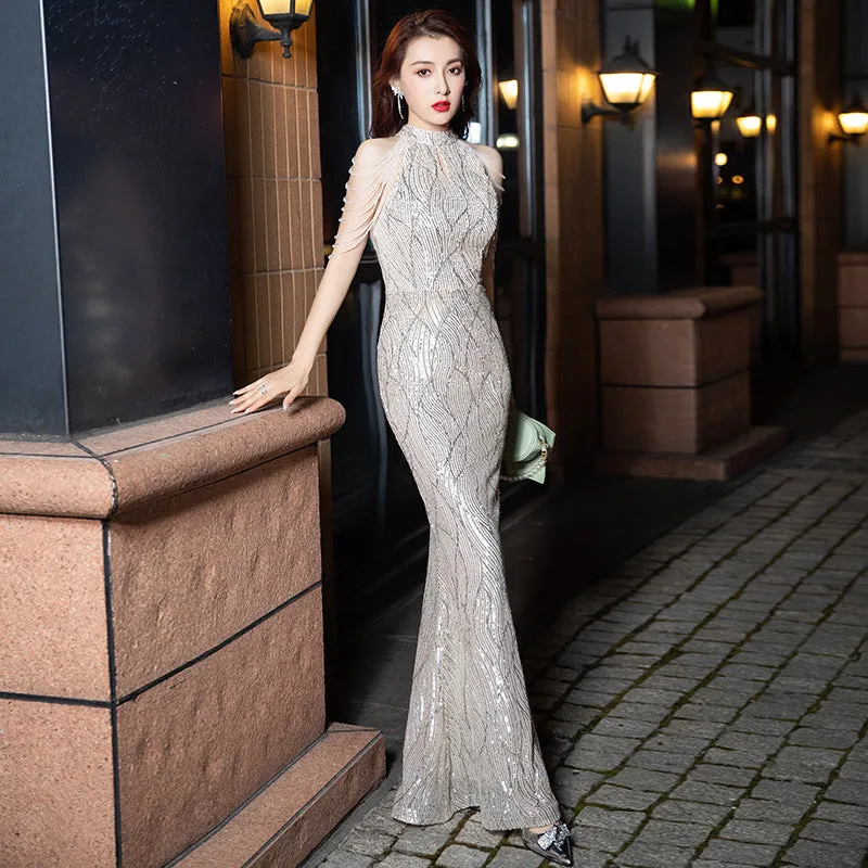 2025 Banquet evening dress  new sequined tassel elegant temperament sexy long dress celebrity neck fishtail evening dress