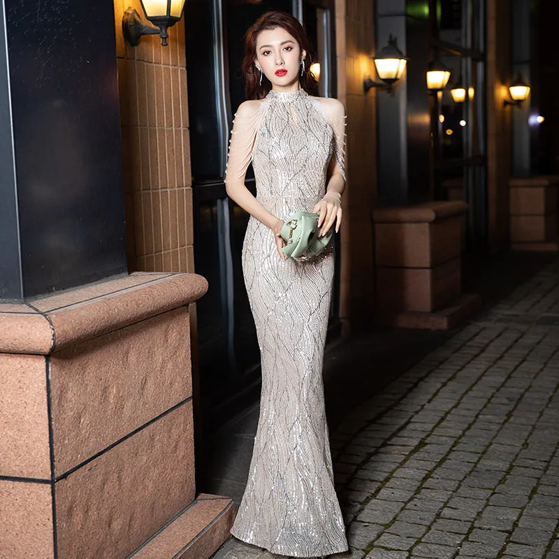 2025 Banquet evening dress  new sequined tassel elegant temperament sexy long dress celebrity neck fishtail evening dress
