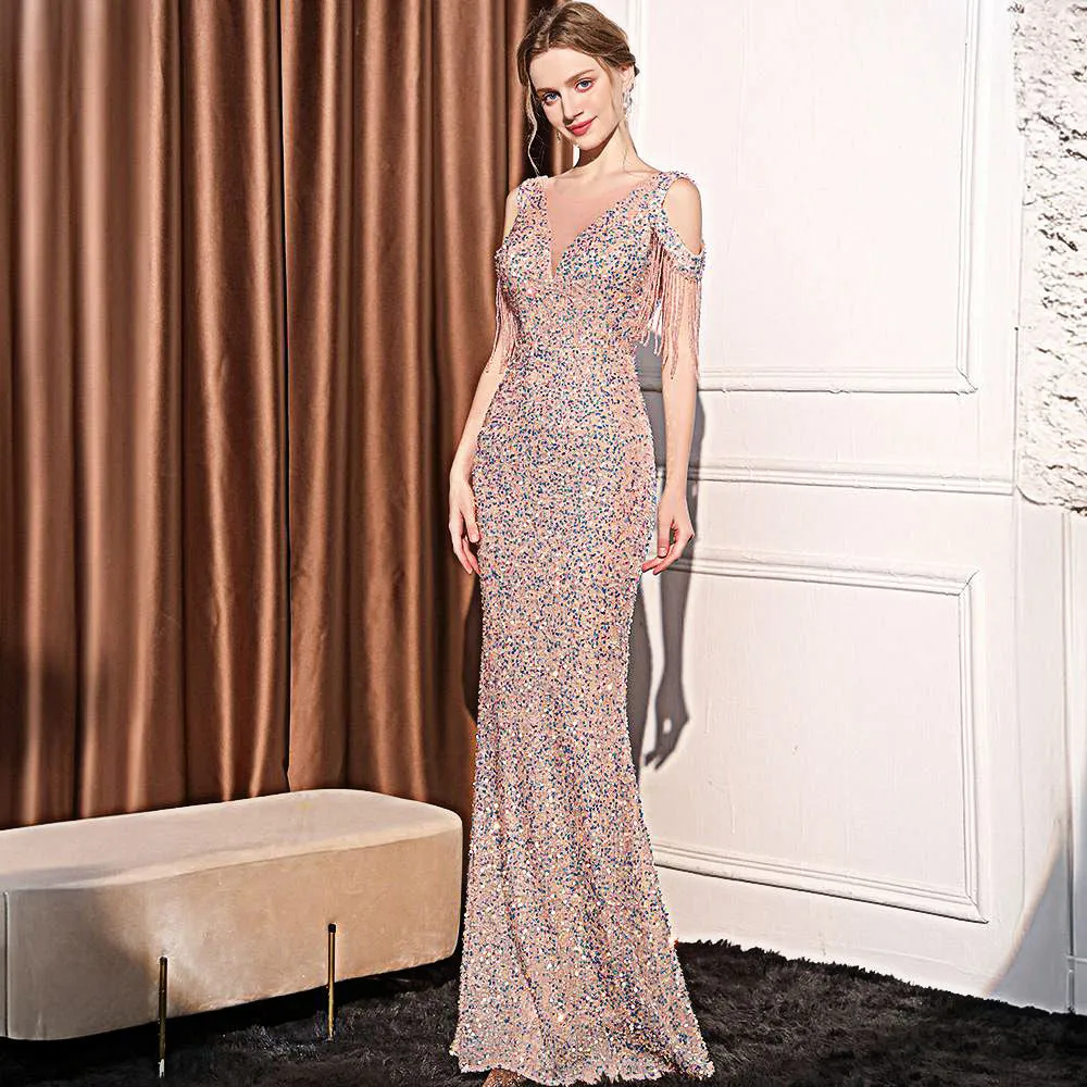 2025 Evening dress skirt women's light luxury high-end temperament celebrity banquet temperament simple sequined fringed long dress