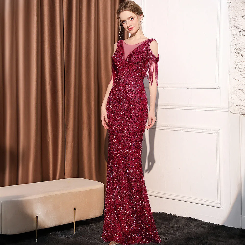 2025 Evening dress skirt women's light luxury high-end temperament celebrity banquet temperament simple sequined fringed long dress