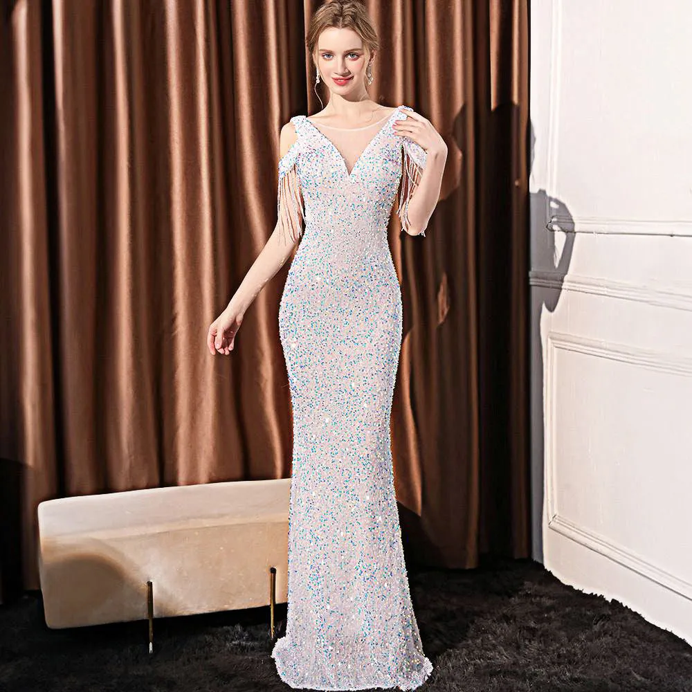 2025 Evening dress skirt women's light luxury high-end temperament celebrity banquet temperament simple sequined fringed long dress