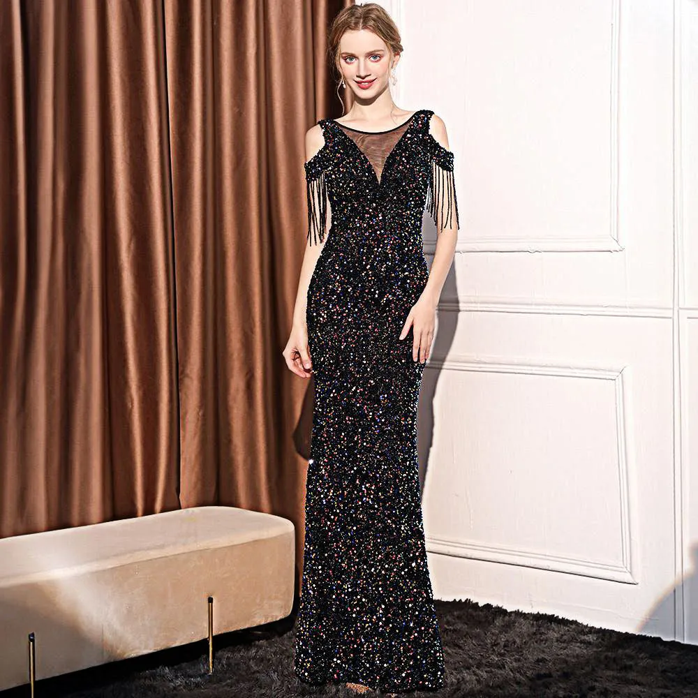 2025 Evening dress skirt women's light luxury high-end temperament celebrity banquet temperament simple sequined fringed long dress