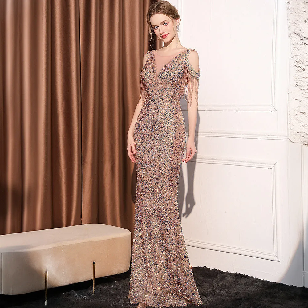 2025 Evening dress skirt women's light luxury high-end temperament celebrity banquet temperament simple sequined fringed long dress