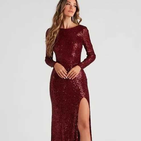 2025 new sequined slit sexy long-sleeved beaded evening dress