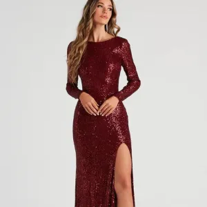 2025 new sequined slit sexy long-sleeved beaded evening dress