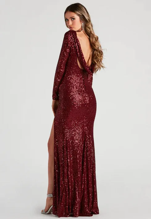 2025 new sequined slit sexy long-sleeved beaded evening dress