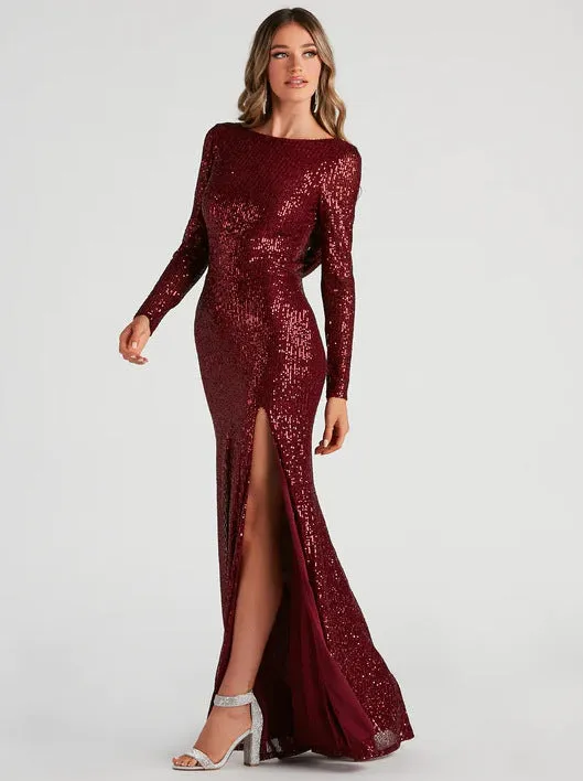 2025 new sequined slit sexy long-sleeved beaded evening dress