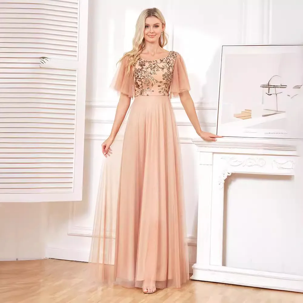 2025 popular  new sequined champagne evening dress sexy temperament slim dress simple fashion banquet dress