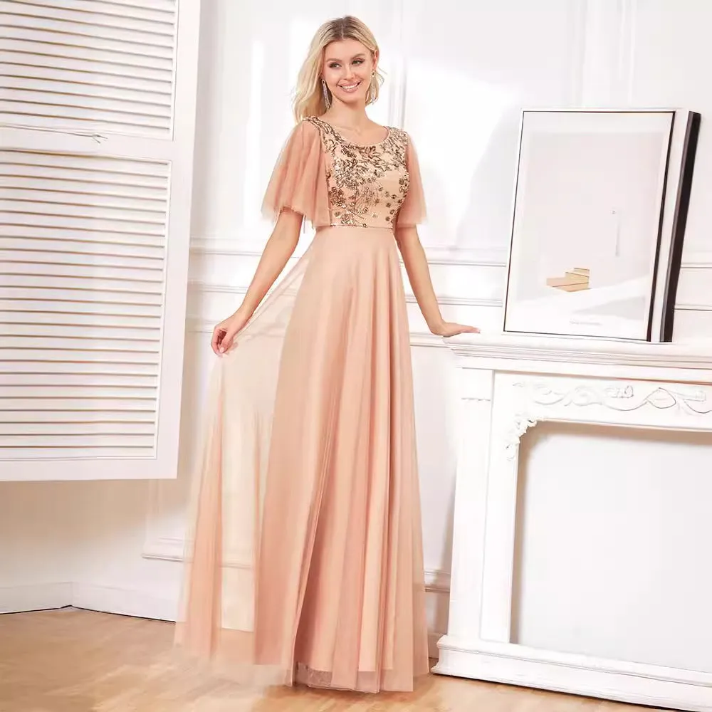 2025 popular  new sequined champagne evening dress sexy temperament slim dress simple fashion banquet dress