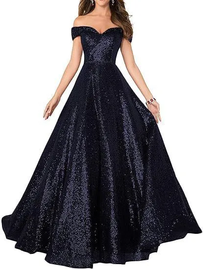 2025 Popular trade dress popular autumn new one-word shoulder off-the-shoulder women's long sequined ball evening dress