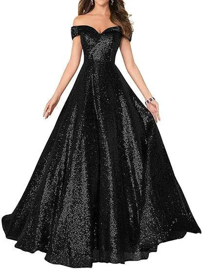 2025 Popular trade dress popular autumn new one-word shoulder off-the-shoulder women's long sequined ball evening dress