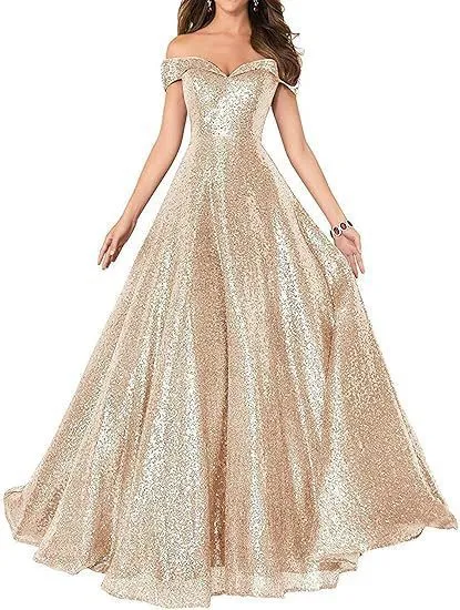 2025 Popular trade dress popular autumn new one-word shoulder off-the-shoulder women's long sequined ball evening dress