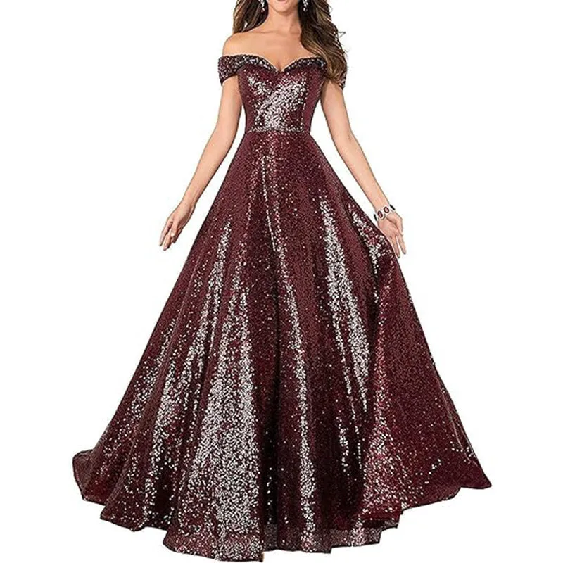 2025 Popular trade dress popular autumn new one-word shoulder off-the-shoulder women's long sequined ball evening dress
