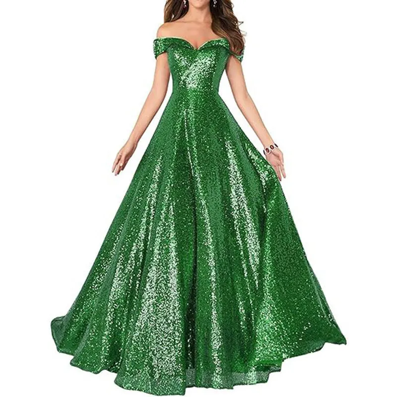 2025 Popular trade dress popular autumn new one-word shoulder off-the-shoulder women's long sequined ball evening dress