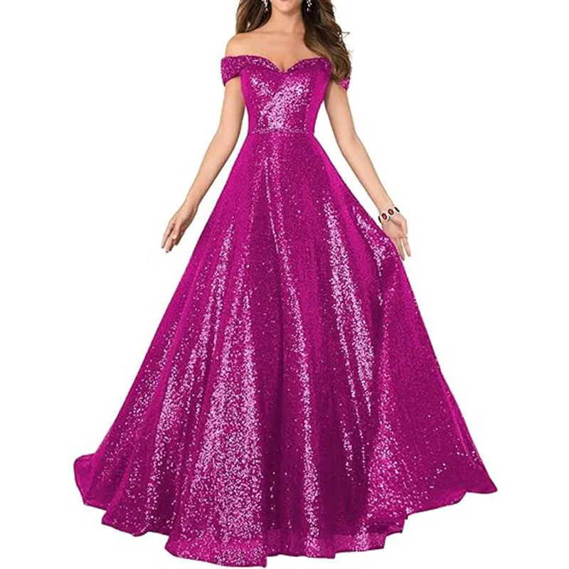 2025 Popular trade dress popular autumn new one-word shoulder off-the-shoulder women's long sequined ball evening dress