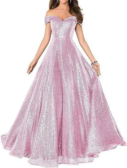 2025 Popular trade dress popular autumn new one-word shoulder off-the-shoulder women's long sequined ball evening dress