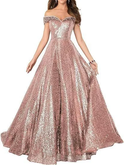 2025 Popular trade dress popular autumn new one-word shoulder off-the-shoulder women's long sequined ball evening dress