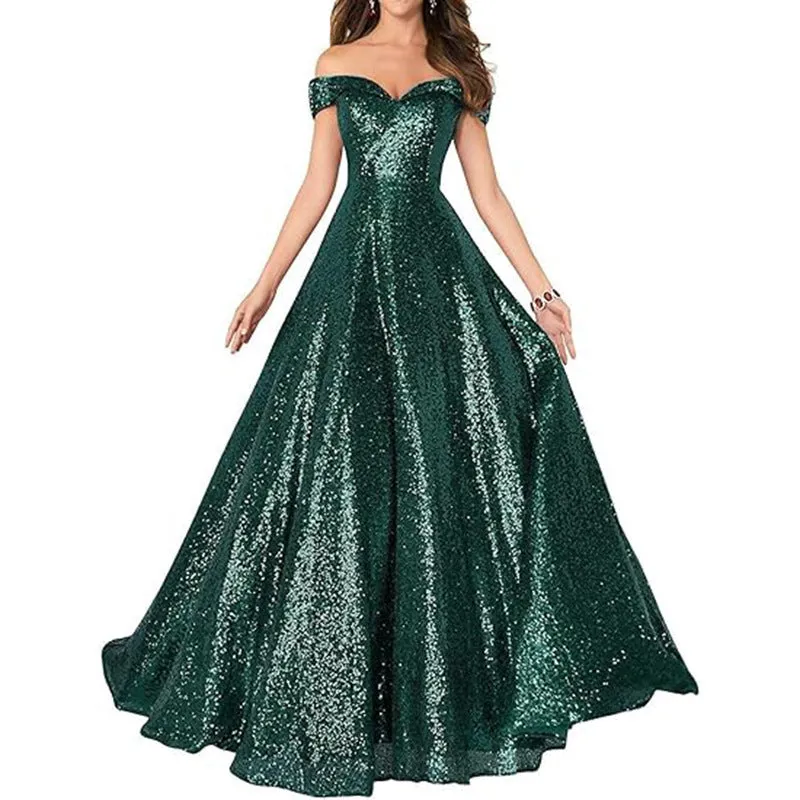 2025 Popular trade dress popular autumn new one-word shoulder off-the-shoulder women's long sequined ball evening dress