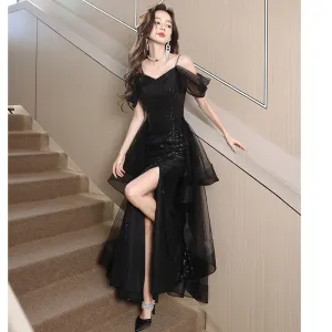 2025 Suspender black evening dress  spring new sequined split model banquet party dress skirt manufacturer supply