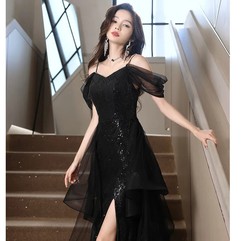 2025 Suspender black evening dress  spring new sequined split model banquet party dress skirt manufacturer supply