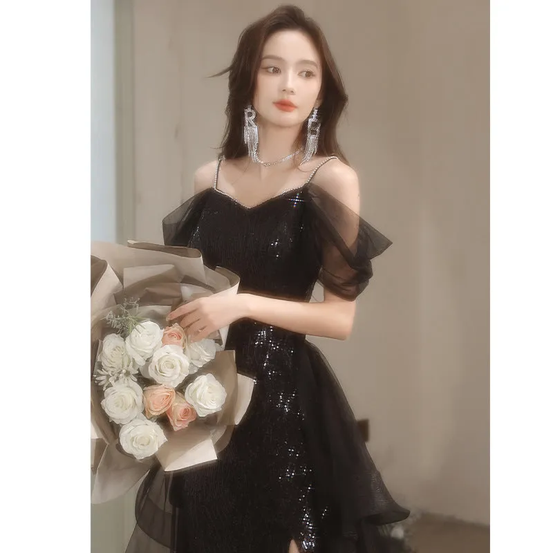 2025 Suspender black evening dress  spring new sequined split model banquet party dress skirt manufacturer supply