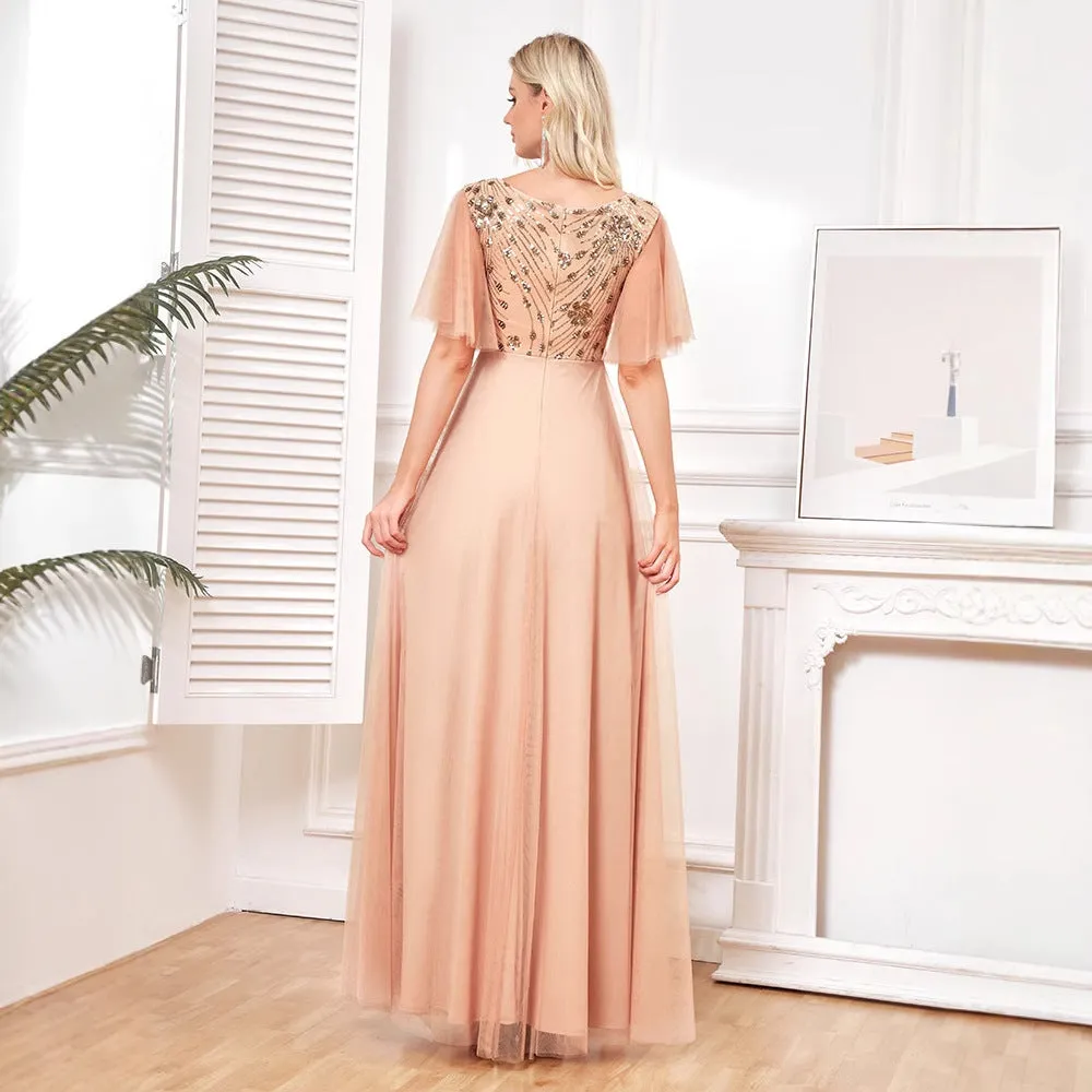 2025new sequined champagne evening dress sexy temperament slim dress simple fashion banquet dress