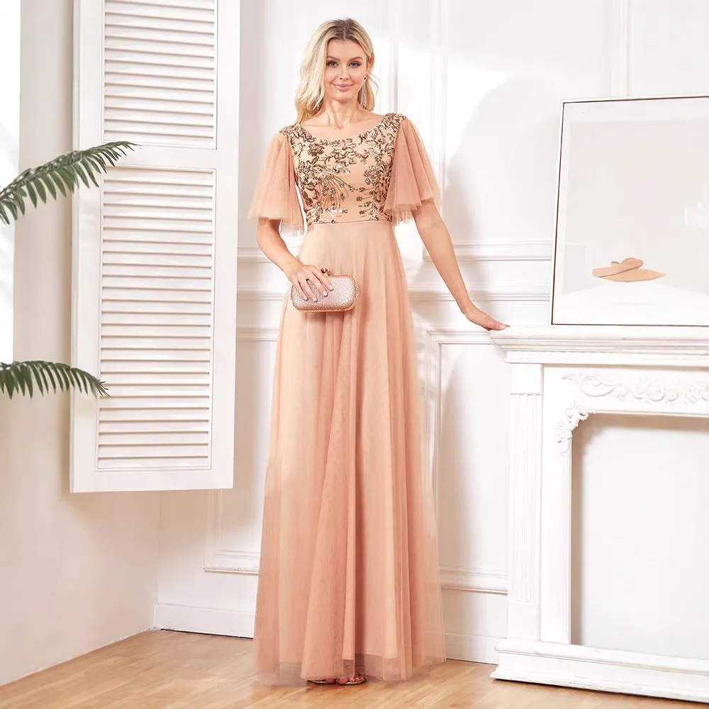 2025new sequined champagne evening dress sexy temperament slim dress simple fashion banquet dress