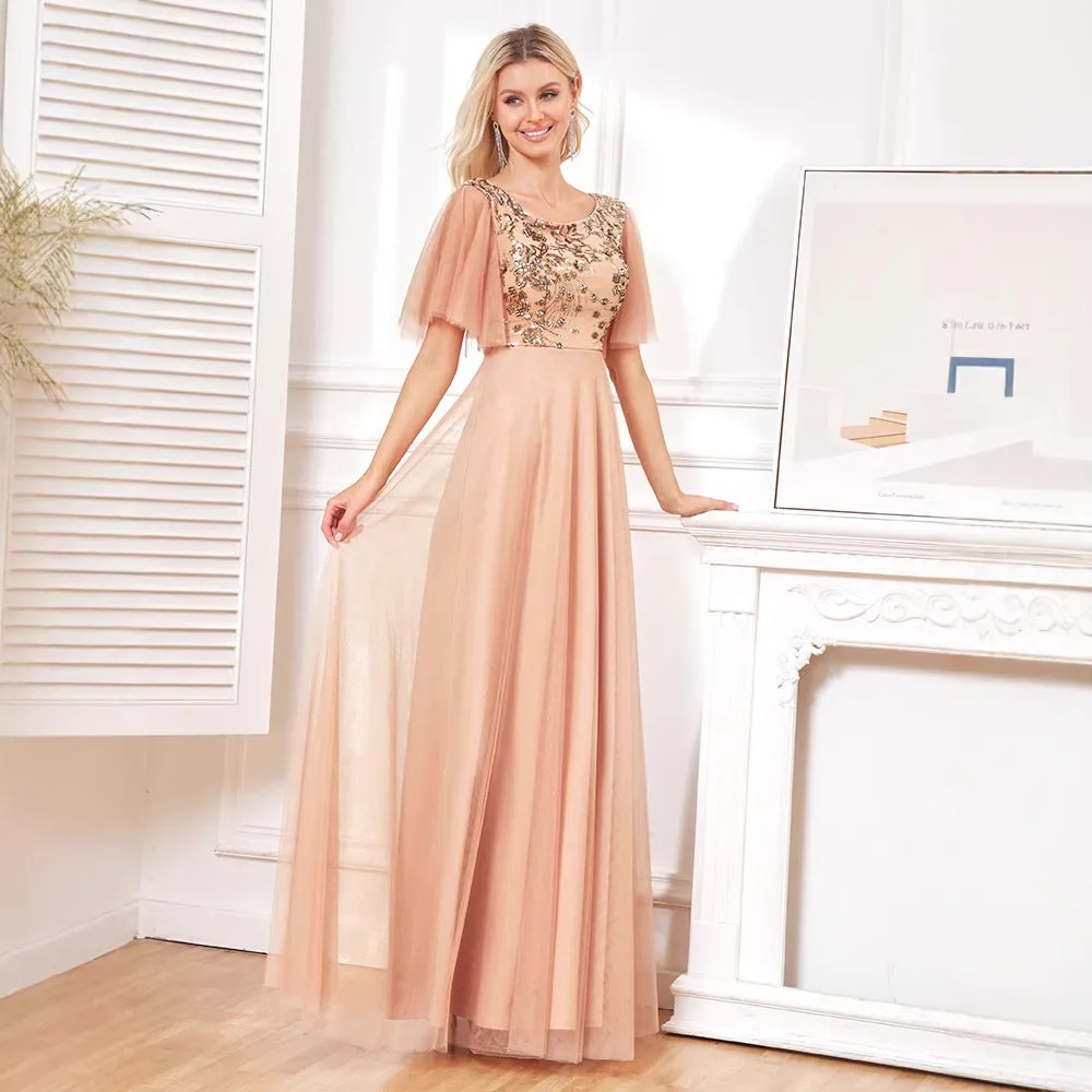 2025new sequined champagne evening dress sexy temperament slim dress simple fashion banquet dress