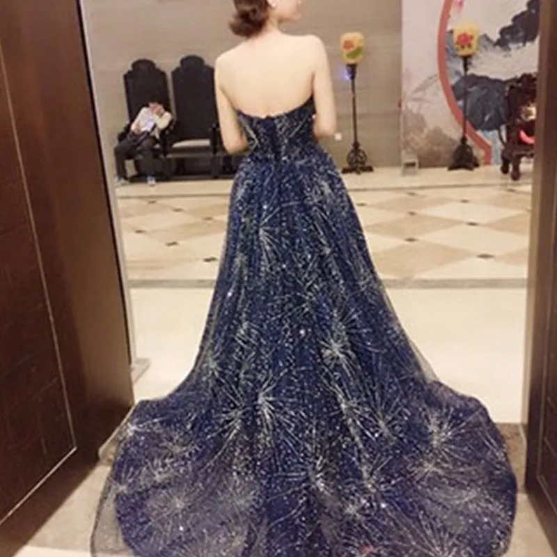 2025Starry sky sequined dress  new blue tube top long trailing chorus performance suit host evening dress