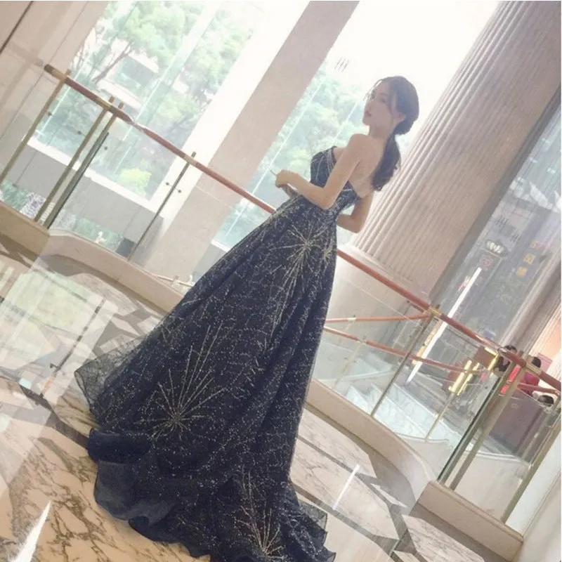 2025Starry sky sequined dress  new blue tube top long trailing chorus performance suit host evening dress